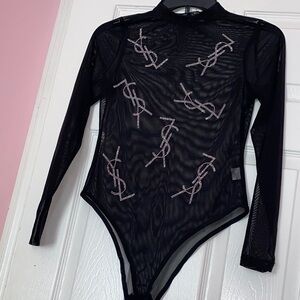 Black mesh mock neck bodysuit